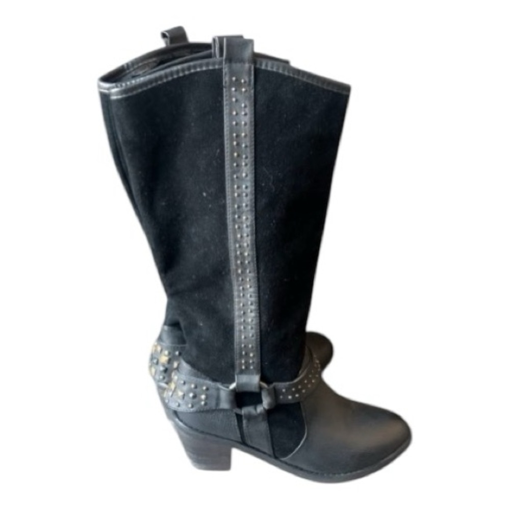 Skechers Black Leather Tall Western Pull-On Boots Stud & Buckle Detail Women Sz9